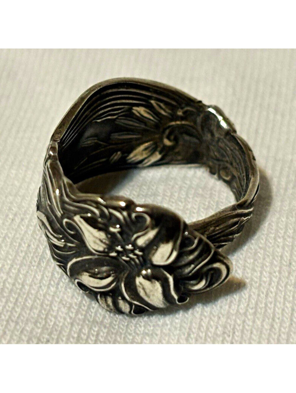 Vintage Ornate Floral Sterling Silver Spoon Ring No Stone Adjustable Size